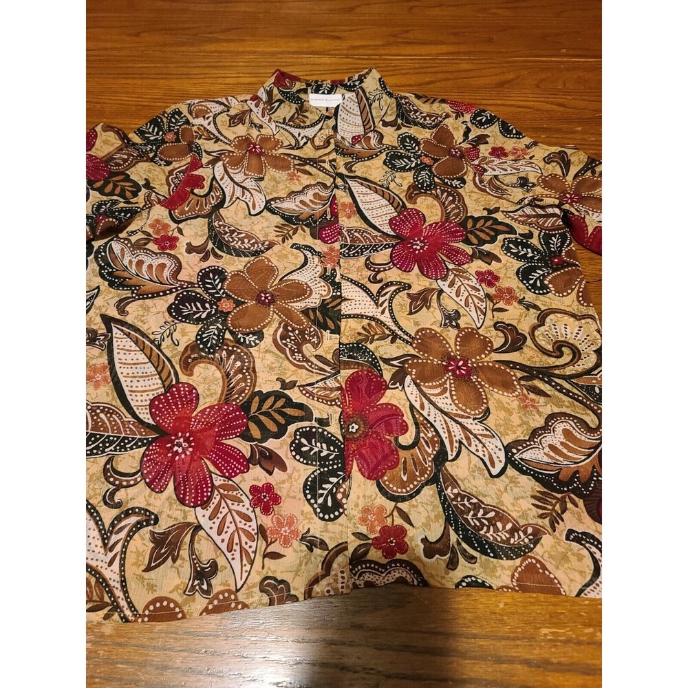 ALFRED DUNNER Red & Brown Floral Long Sleeve Mesh Button Up Top SIZE 14 EUC